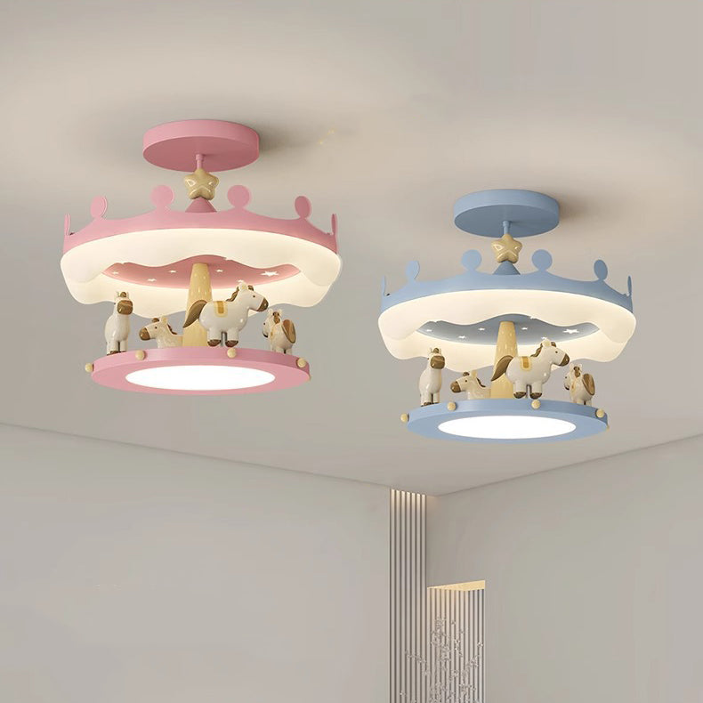 Contemporary Creative Cartoon Kids Round Carousel Iron Pe LED Semi-flush Mount Lighting for Bedroom