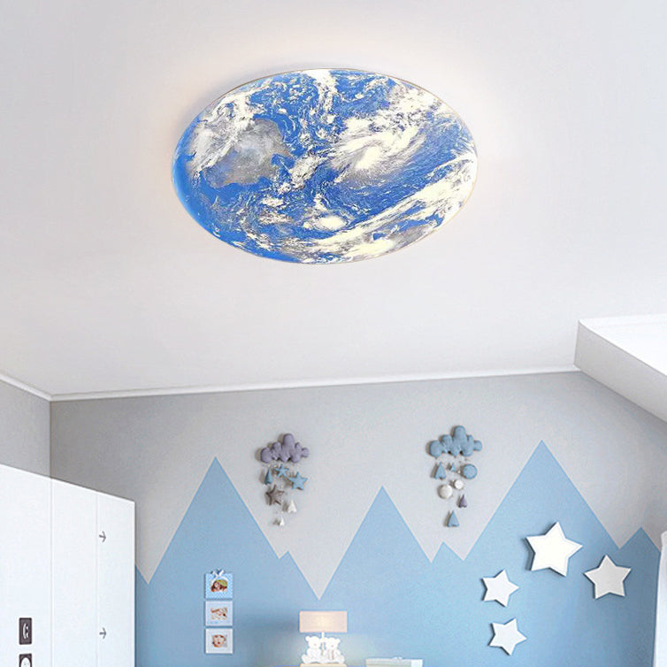 Contemporary Creative Moon Earth Semicircle Solid Wood Iron Acrylic LED Flush Mount Ceiling Light for Bedroom