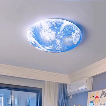 Contemporary Creative Moon Earth Semicircle Solid Wood Iron Acrylic LED Flush Mount Ceiling Light for Bedroom