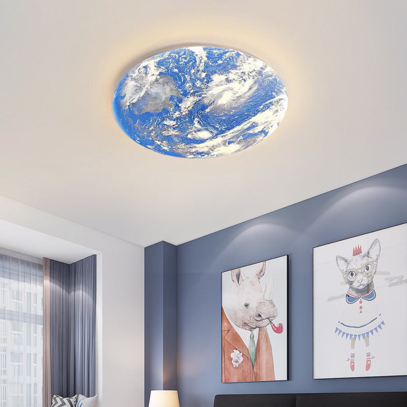 Contemporary Creative Moon Earth Semicircle Solid Wood Iron Acrylic LED Flush Mount Ceiling Light for Bedroom