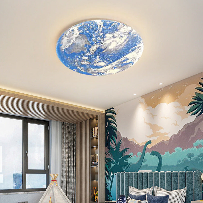 Contemporary Creative Moon Earth Semicircle Solid Wood Iron Acrylic LED Flush Mount Ceiling Light for Bedroom