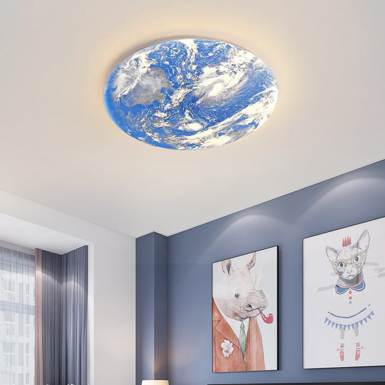 Contemporary Creative Moon Earth Semicircle Solid Wood Iron Acrylic LED Flush Mount Ceiling Light for Bedroom