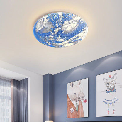 Contemporary Creative Moon Earth Semicircle Solid Wood Iron Acrylic LED Flush Mount Ceiling Light for Bedroom