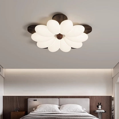 Traditional Vintage Flower Petal Iron Wooden Acrylic LED Flush Mount Ceiling Light For Bedroom