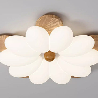 Traditional Vintage Flower Petal Iron Wooden Acrylic LED Flush Mount Ceiling Light For Bedroom