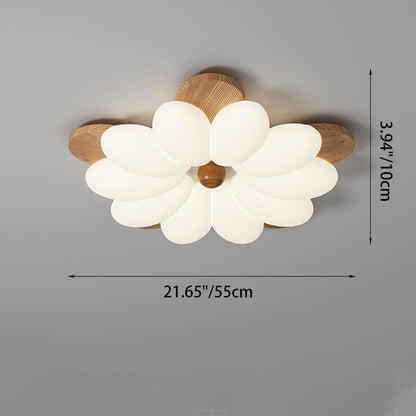 Traditional Vintage Flower Petal Iron Wooden Acrylic LED Flush Mount Ceiling Light For Bedroom