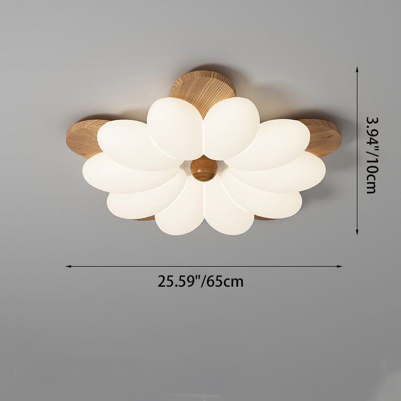 Traditional Vintage Flower Petal Iron Wooden Acrylic LED Flush Mount Ceiling Light For Bedroom