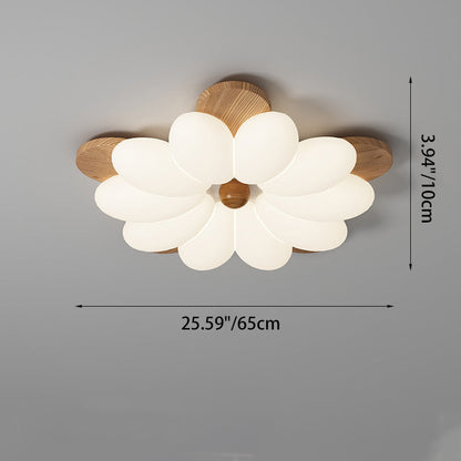 Traditional Vintage Flower Petal Iron Wooden Acrylic LED Flush Mount Ceiling Light For Bedroom