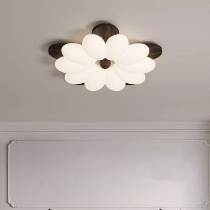 Traditional Vintage Flower Petal Iron Wooden Acrylic LED Flush Mount Ceiling Light For Bedroom