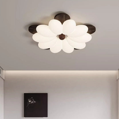 Traditional Vintage Flower Petal Iron Wooden Acrylic LED Flush Mount Ceiling Light For Bedroom