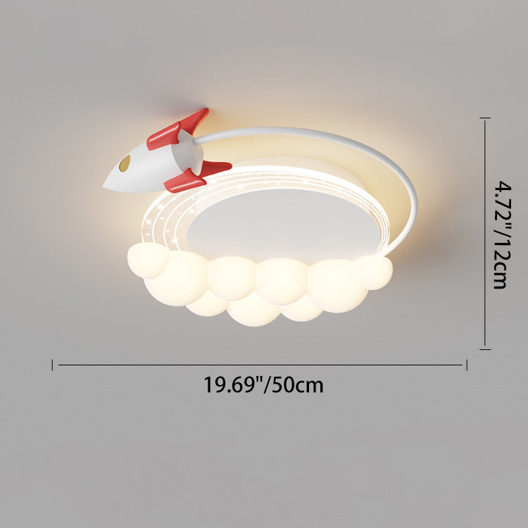 Contemporary Creative Cartoon Kids Rocket Arc Cloud Iron Resin LED Flush Mount Ceiling Light For Bedroom