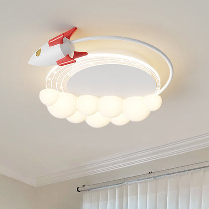 Contemporary Creative Cartoon Kids Rocket Arc Cloud Iron Resin LED Flush Mount Ceiling Light For Bedroom