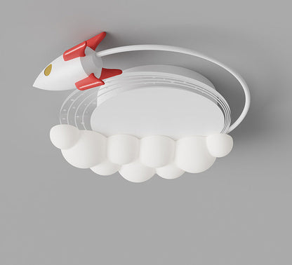 Contemporary Creative Cartoon Kids Rocket Arc Cloud Iron Resin LED Flush Mount Ceiling Light For Bedroom