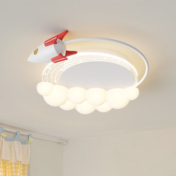 Contemporary Creative Cartoon Kids Rocket Arc Cloud Iron Resin LED Flush Mount Ceiling Light For Bedroom