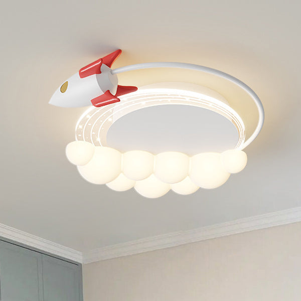 Contemporary Creative Cartoon Kids Rocket Arc Cloud Iron Resin LED Flush Mount Ceiling Light For Bedroom