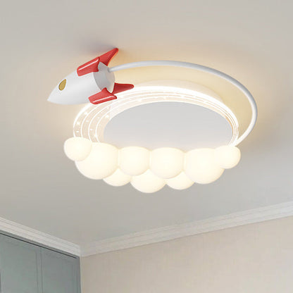 Contemporary Creative Cartoon Kids Rocket Arc Cloud Iron Resin LED Flush Mount Ceiling Light For Bedroom