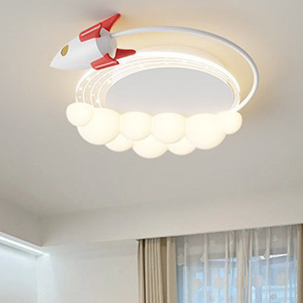 Contemporary Creative Cartoon Kids Rocket Arc Cloud Iron Resin LED Flush Mount Ceiling Light For Bedroom
