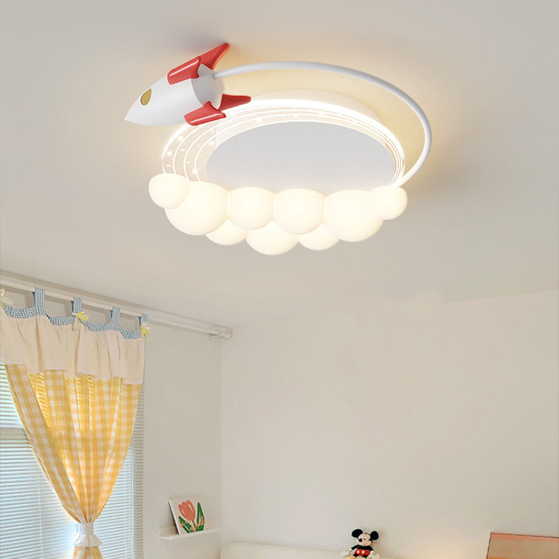 Contemporary Creative Cartoon Kids Rocket Arc Cloud Iron Resin LED Flush Mount Ceiling Light For Bedroom