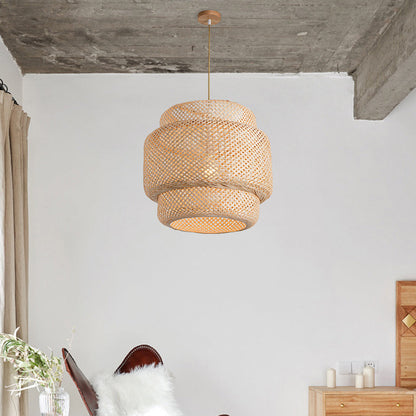 Contemporary Scandinavian Cylinder Reticulated Bamboo 1-Light Pendant Light For Living Room