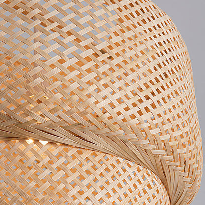 Contemporary Scandinavian Cylinder Reticulated Bamboo 1-Light Pendant Light For Living Room