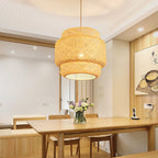 Contemporary Scandinavian Cylinder Reticulated Bamboo 1-Light Pendant Light For Living Room
