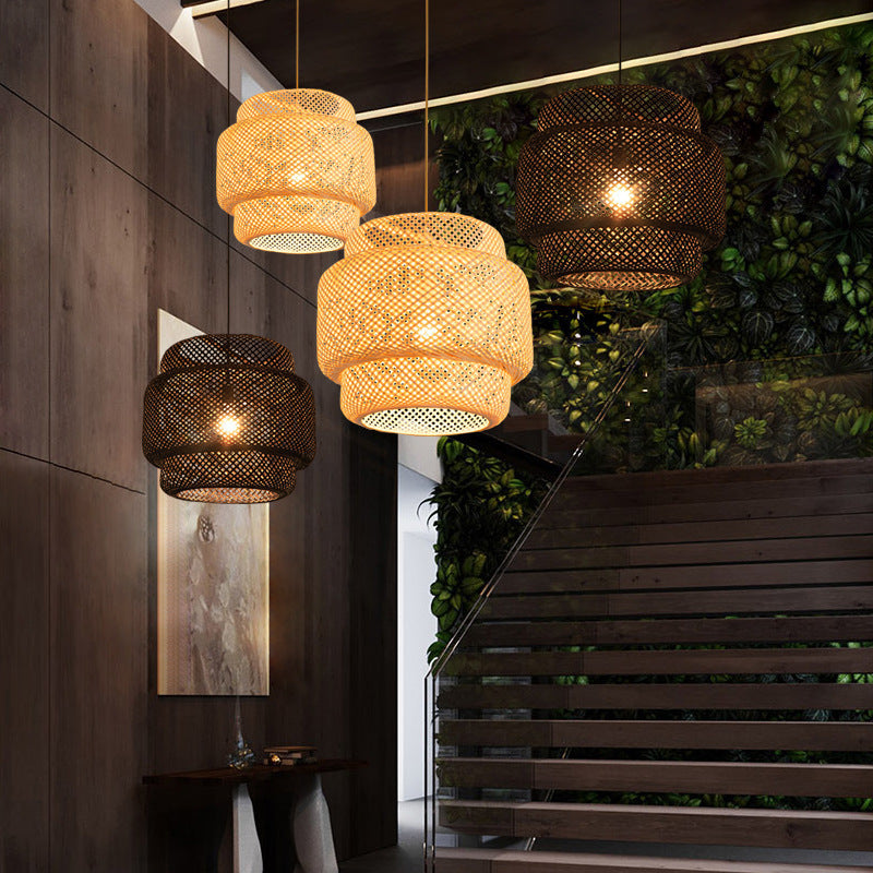 Contemporary Scandinavian Cylinder Reticulated Bamboo 1-Light Pendant Light For Living Room