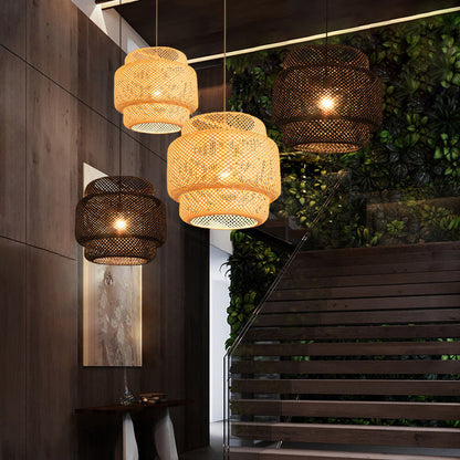 Contemporary Scandinavian Cylinder Reticulated Bamboo 1-Light Pendant Light For Living Room