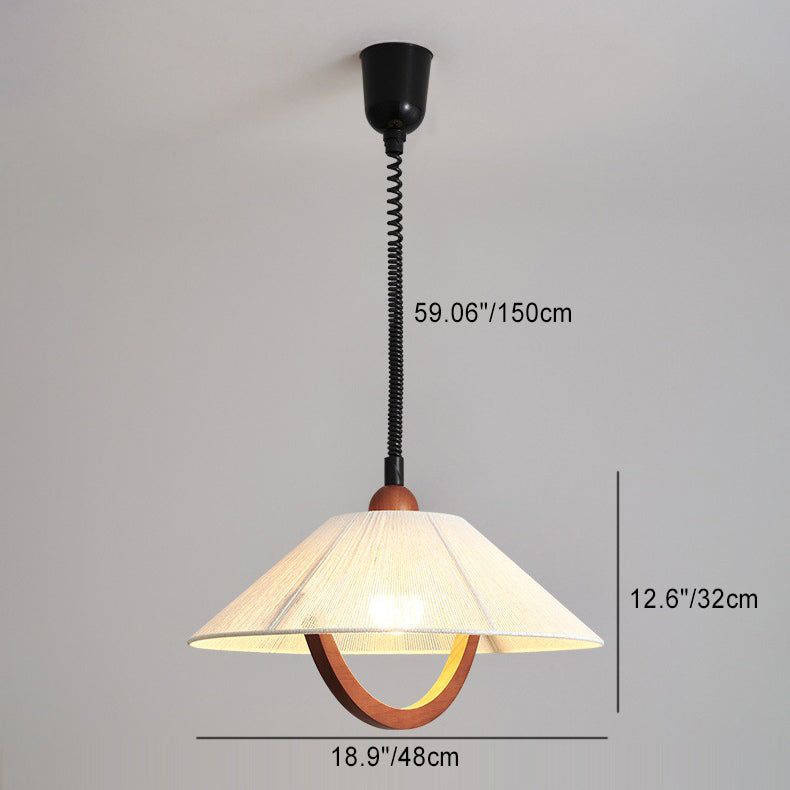 Traditional Vintage Round Table Curved Line Liftable Wooden Fabric 1-Light Pendant Light For Living Room