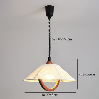 Traditional Vintage Round Table Curved Line Liftable Wooden Fabric 1-Light Pendant Light For Living Room