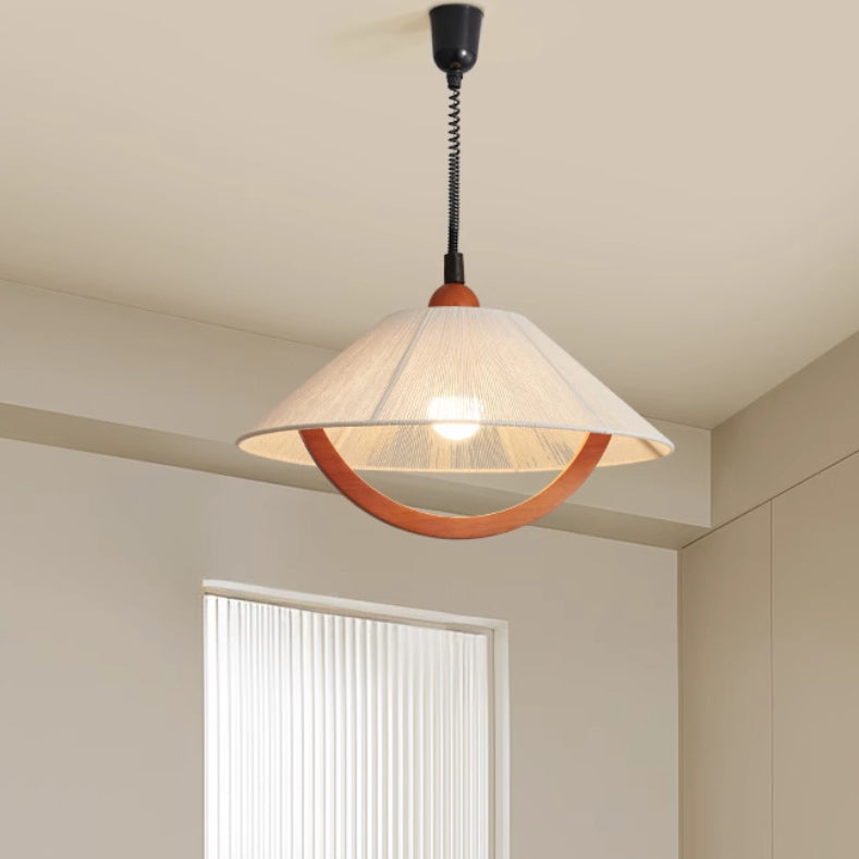 Traditional Vintage Round Table Curved Line Liftable Wooden Fabric 1-Light Pendant Light For Living Room