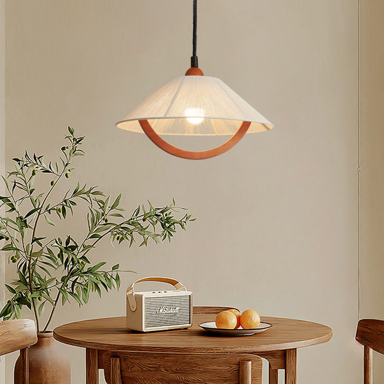 Traditional Vintage Round Table Curved Line Liftable Wooden Fabric 1-Light Pendant Light For Living Room