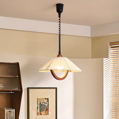 Traditional Vintage Round Table Curved Line Liftable Wooden Fabric 1-Light Pendant Light For Living Room