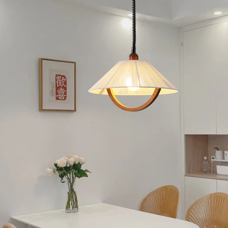 Traditional Vintage Round Table Curved Line Liftable Wooden Fabric 1-Light Pendant Light For Living Room