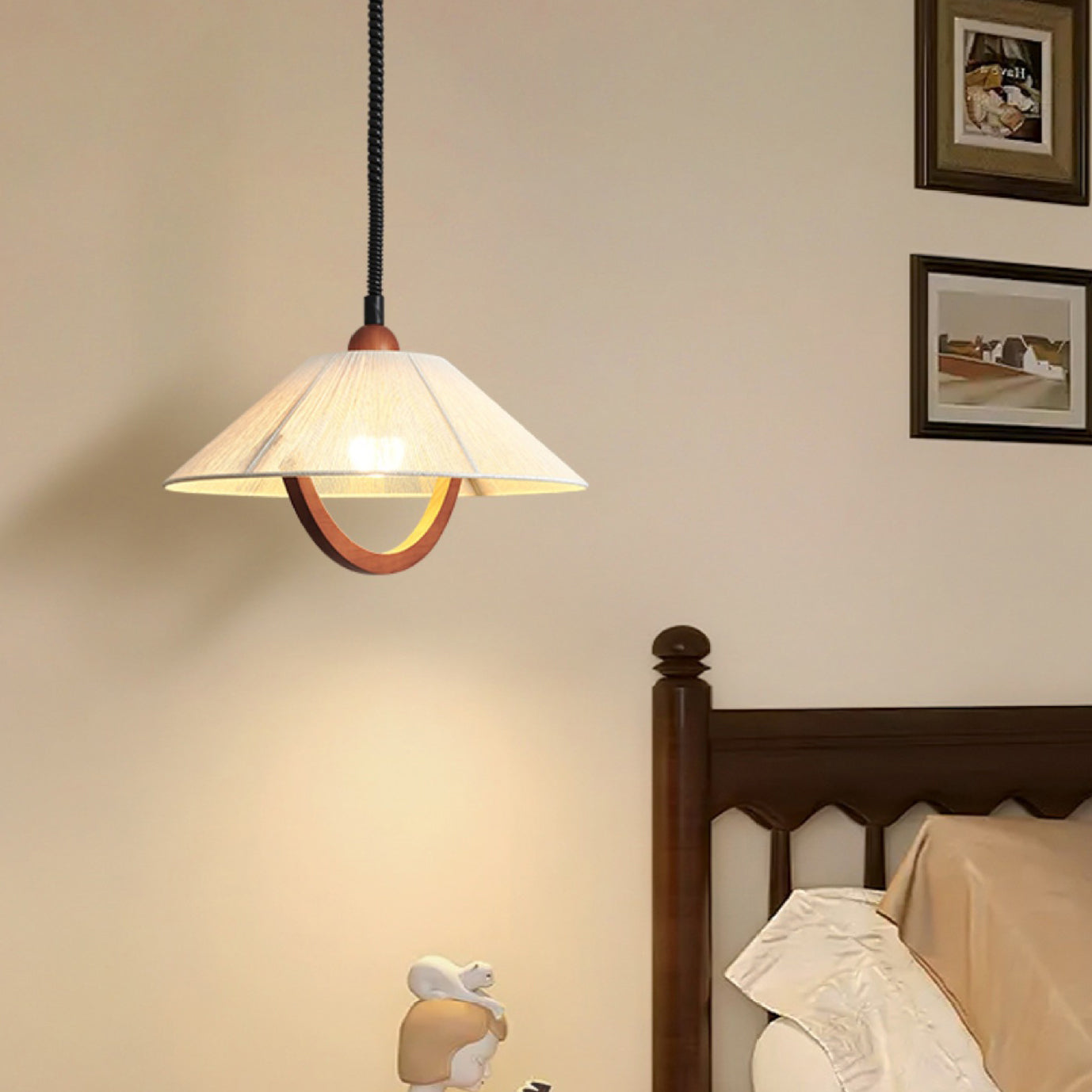 Traditional Vintage Round Table Curved Line Liftable Wooden Fabric 1-Light Pendant Light For Living Room