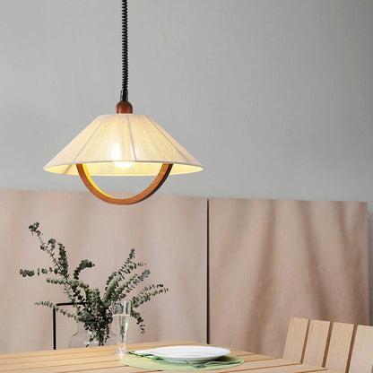 Traditional Vintage Round Table Curved Line Liftable Wooden Fabric 1-Light Pendant Light For Living Room