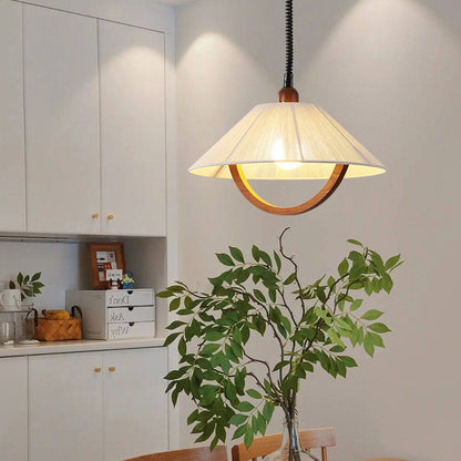 Traditional Vintage Round Table Curved Line Liftable Wooden Fabric 1-Light Pendant Light For Living Room