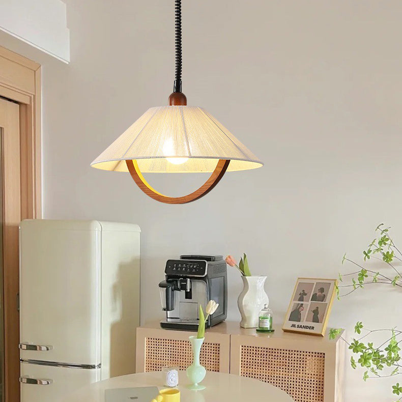 Traditional Vintage Round Table Curved Line Liftable Wooden Fabric 1-Light Pendant Light For Living Room