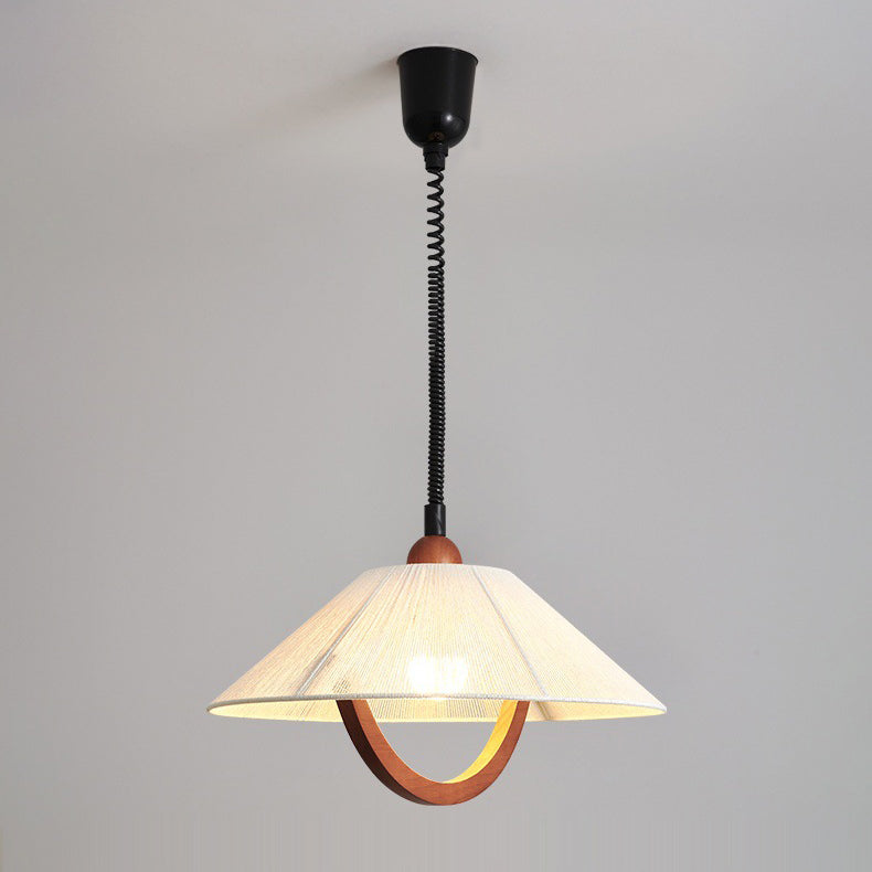 Traditional Vintage Round Table Curved Line Liftable Wooden Fabric 1-Light Pendant Light For Living Room