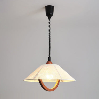 Traditional Vintage Round Table Curved Line Liftable Wooden Fabric 1-Light Pendant Light For Living Room