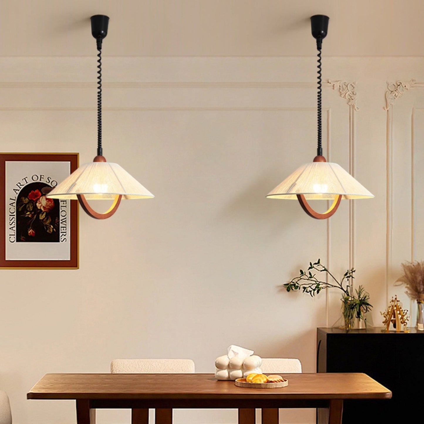 Traditional Vintage Round Table Curved Line Liftable Wooden Fabric 1-Light Pendant Light For Living Room