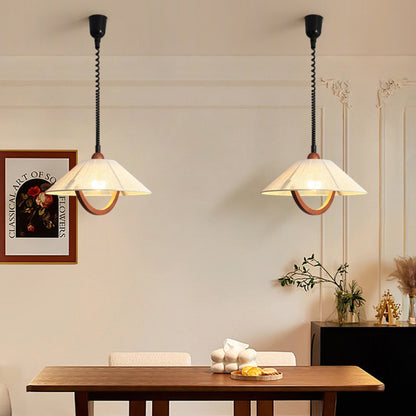 Traditional Vintage Round Table Curved Line Liftable Wooden Fabric 1-Light Pendant Light For Living Room