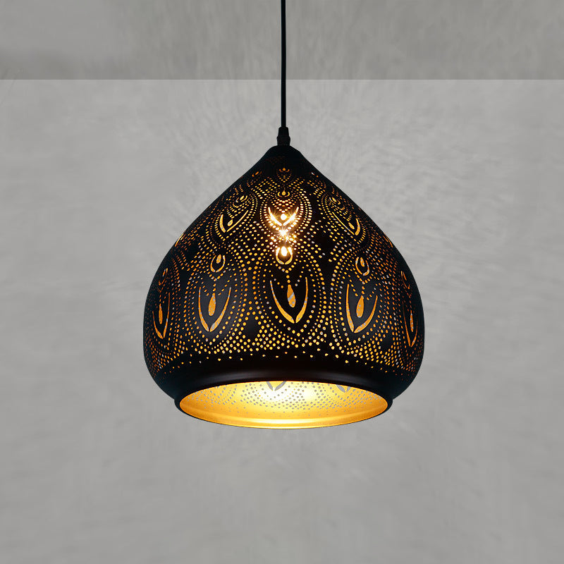 Traditional Vintage Oval Drops Hollow Pattern Iron 1-Light Pendant Light For Living Room