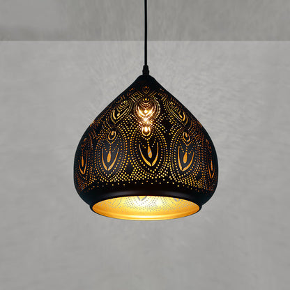 Traditional Vintage Oval Drops Hollow Pattern Iron 1-Light Pendant Light For Living Room