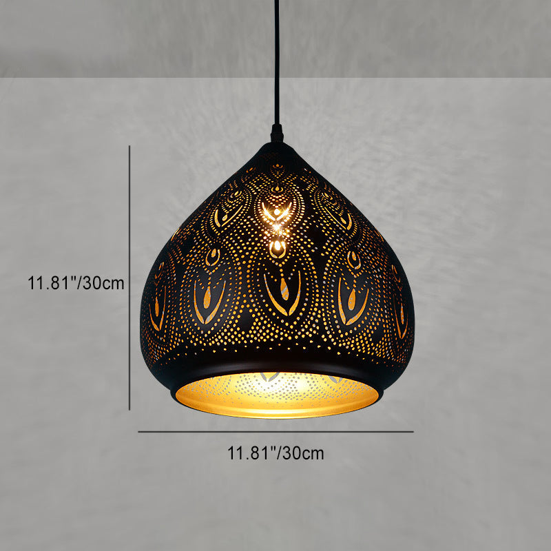 Traditional Vintage Oval Drops Hollow Pattern Iron 1-Light Pendant Light For Living Room