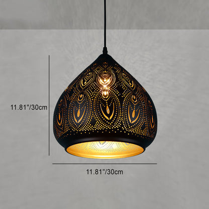 Traditional Vintage Oval Drops Hollow Pattern Iron 1-Light Pendant Light For Living Room