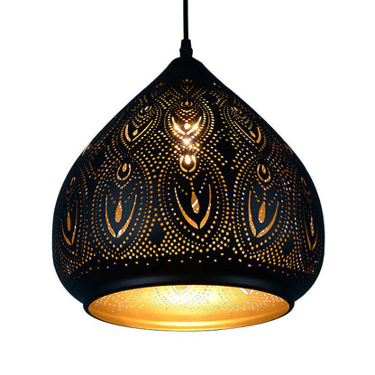 Traditional Vintage Oval Drops Hollow Pattern Iron 1-Light Pendant Light For Living Room