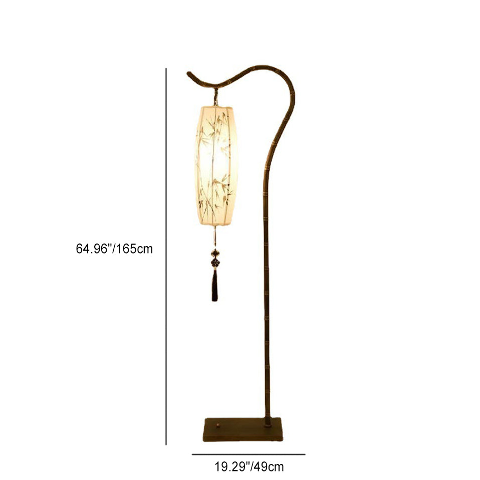Traditional Chinese Zen Bamboo Painting Fabric Arc Iron Base 1-Light Standing Floor Lamp For Home Office Lumendat