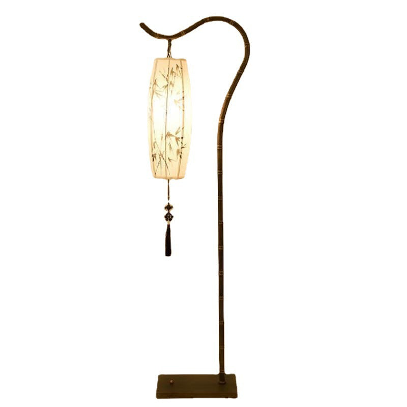 Traditional Chinese Zen Bamboo Painting Fabric Arc Iron Base 1-Light Standing Floor Lamp For Home Office Lumendat