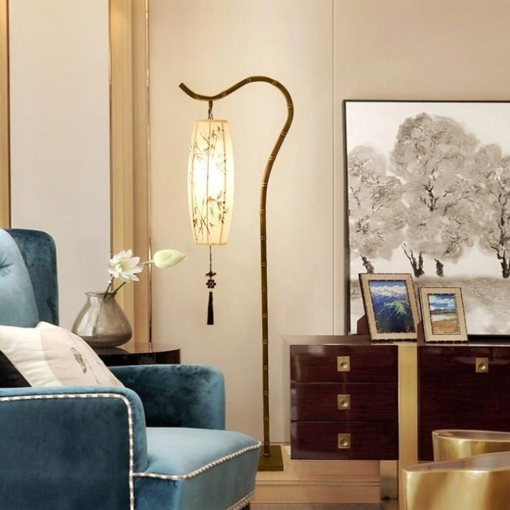 Traditional Chinese Zen Bamboo Painting Fabric Arc Iron Base 1-Light Standing Floor Lamp For Home Office Lumendat