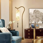 Traditional Chinese Zen Bamboo Painting Fabric Arc Iron Base 1-Light Standing Floor Lamp For Home Office Lumendat